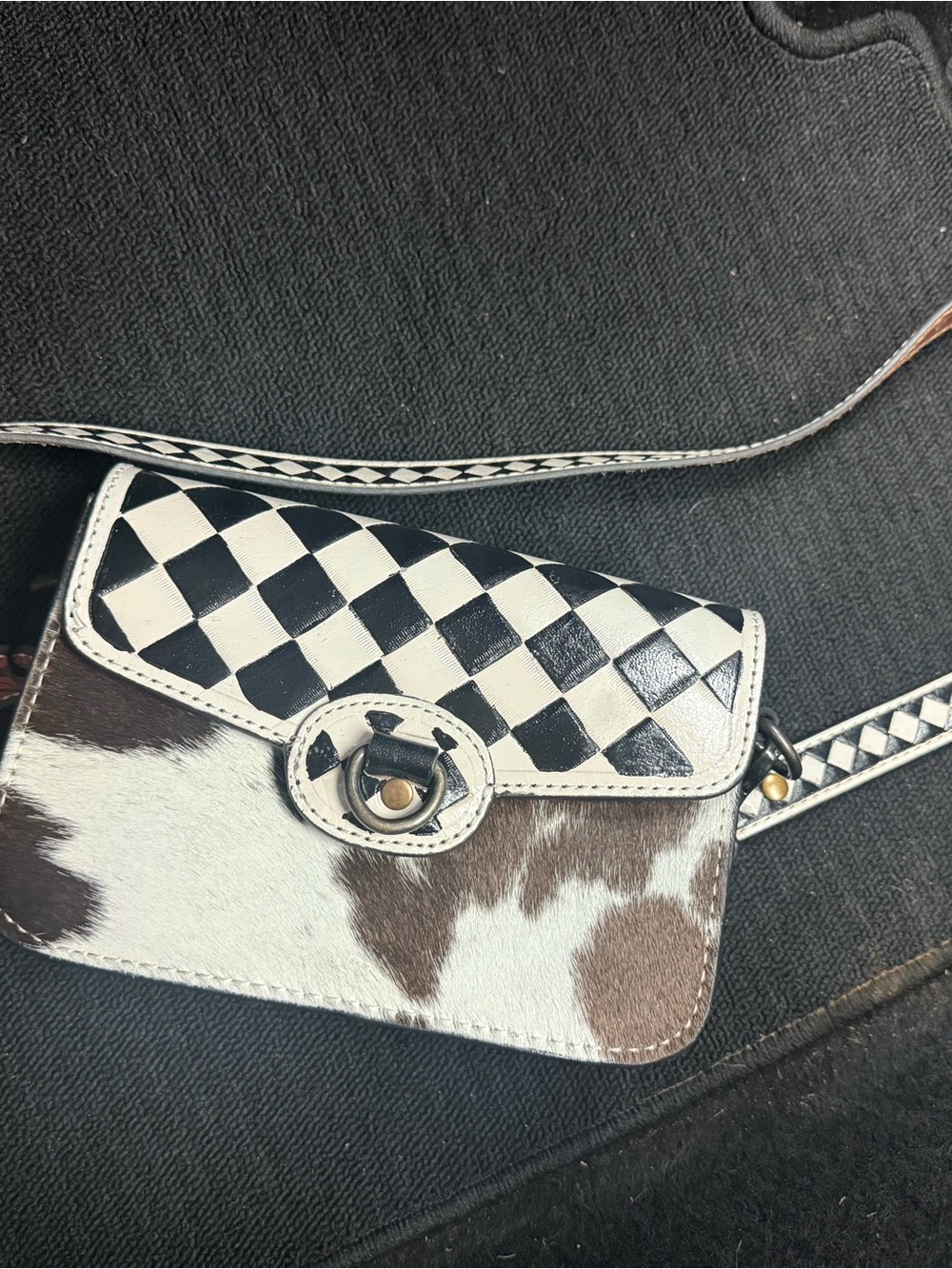 Checker & Cowhide Crossbody Bag in Black, White and Brown